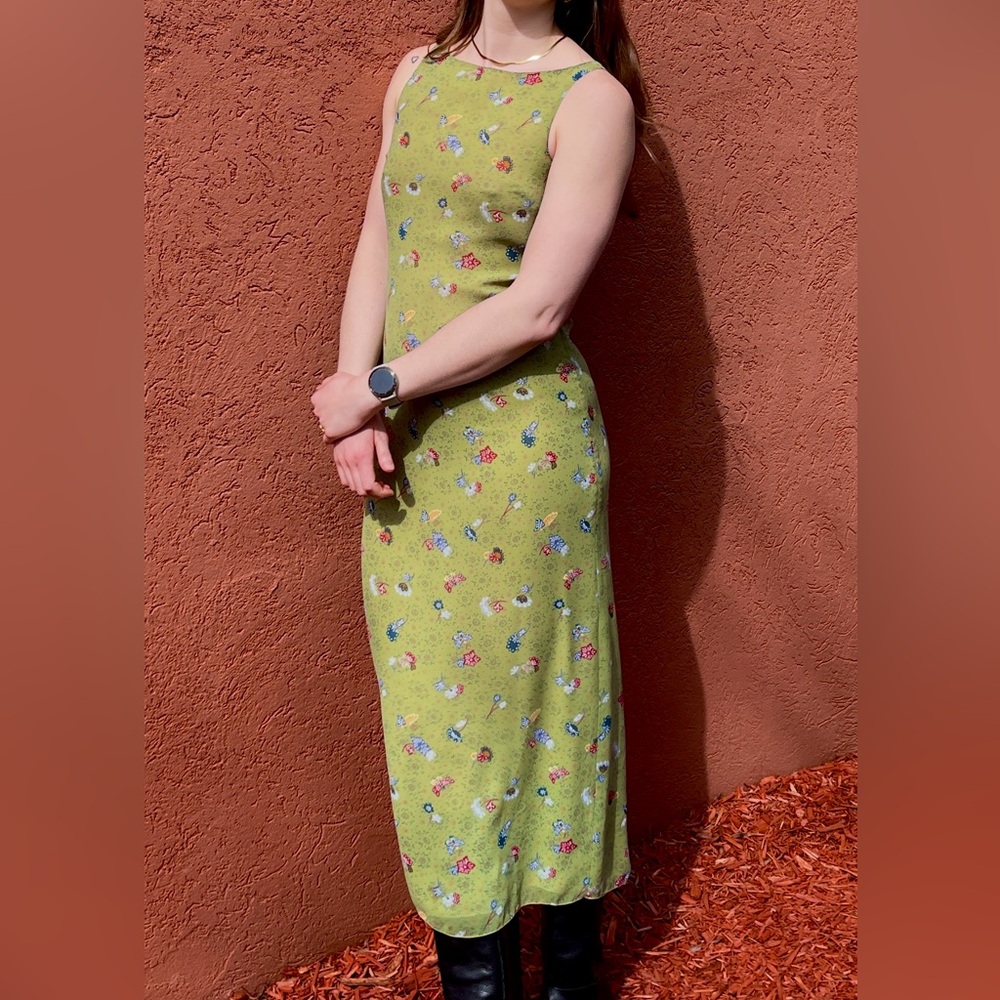 SOLD American Eagle unique green floral maxi dress with a slit in the back side